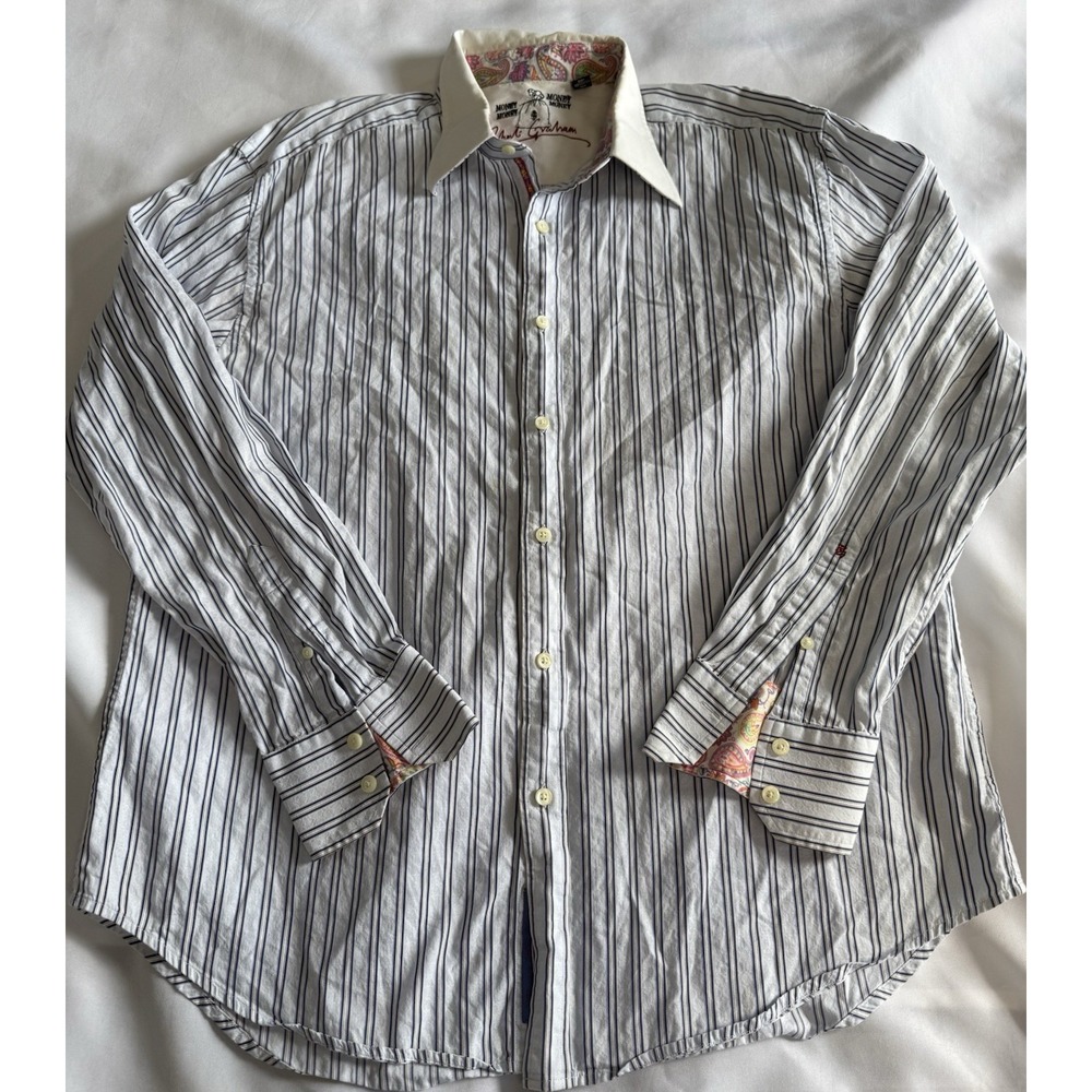 Robert Graham Button Down Shirt Mens Size 2XL White Blue Striped Flip Cuffs